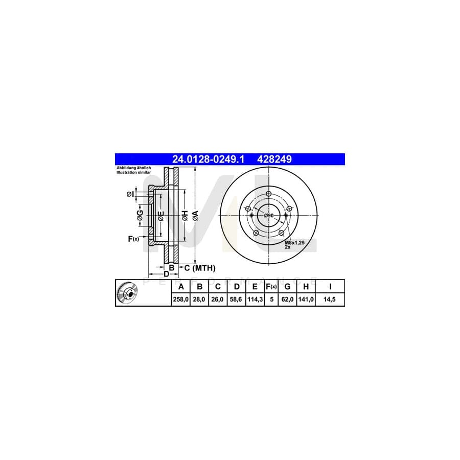 ATE 24.0128-0249.1 Brake Disc Vented, Coated  - 1 piece