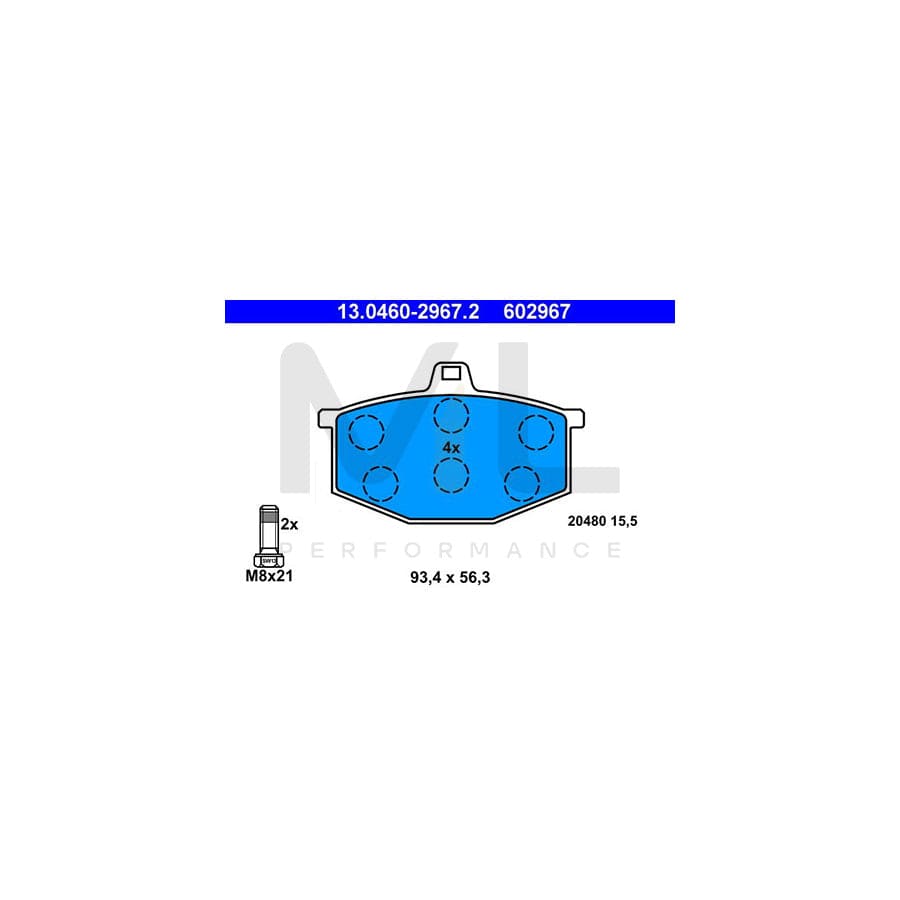 ATE 13.0460-2967.2 Brake pad set excl. wear warning contact, not prepared for wear indicator, with brake caliper screws