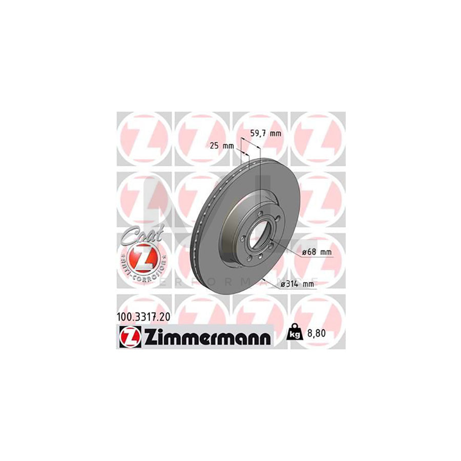 ZIMMERMANN COAT Z 100.3317.20 Brake Disc for AUDI A6 Externally Vented, Coated, High-carbon  - 1 piece