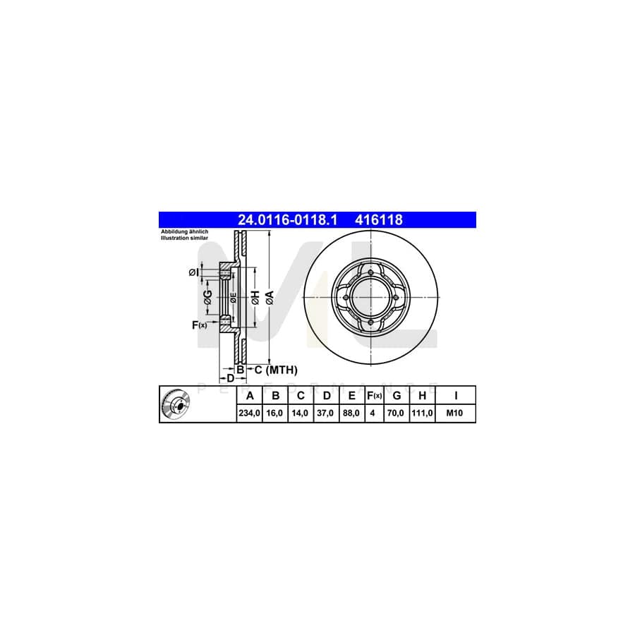 ATE 24.0116-0118.1 Brake Disc for DAIHATSU Move (L6_) Vented  - 1 piece