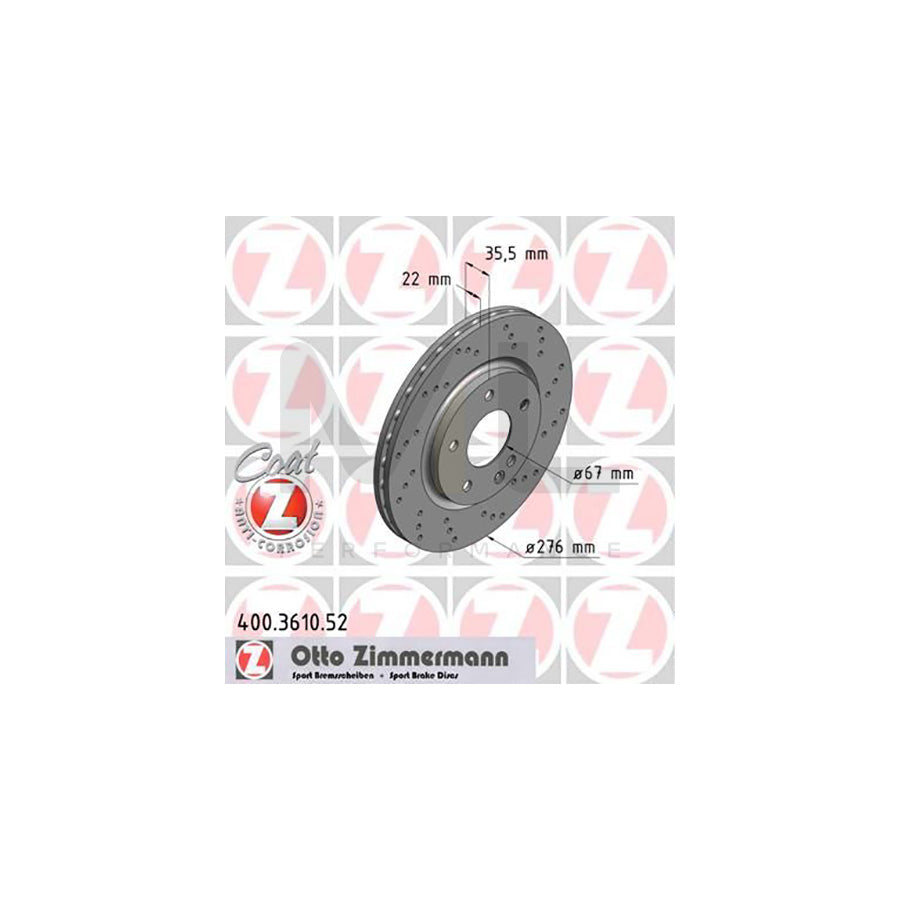 ZIMMERMANN SPORT COAT Z 400.3610.52 Brake Disc suitable for MERCEDES-BENZ A-Class (W168) Internally Vented, Perforated, Coated  - 1 piece