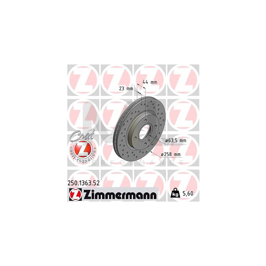 ZIMMERMANN SPORT COAT Z 250.1363.52 Brake Disc Internally Vented, Perforated, Coated  - 1 piece