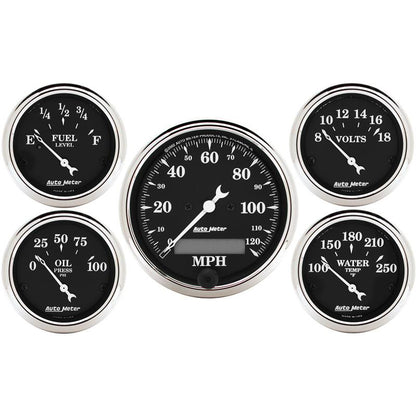 AutoMeter Gauge Kit 5 Pc. 3-1/8in. & 2-1/16in. Elec. Speedometer Old Tyme Black