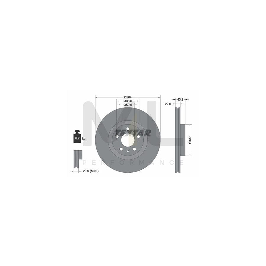 TEXTAR PRO 92252803 Brake Disc Internally Vented, Coated, without wheel hub, without wheel studs  - 1 piece