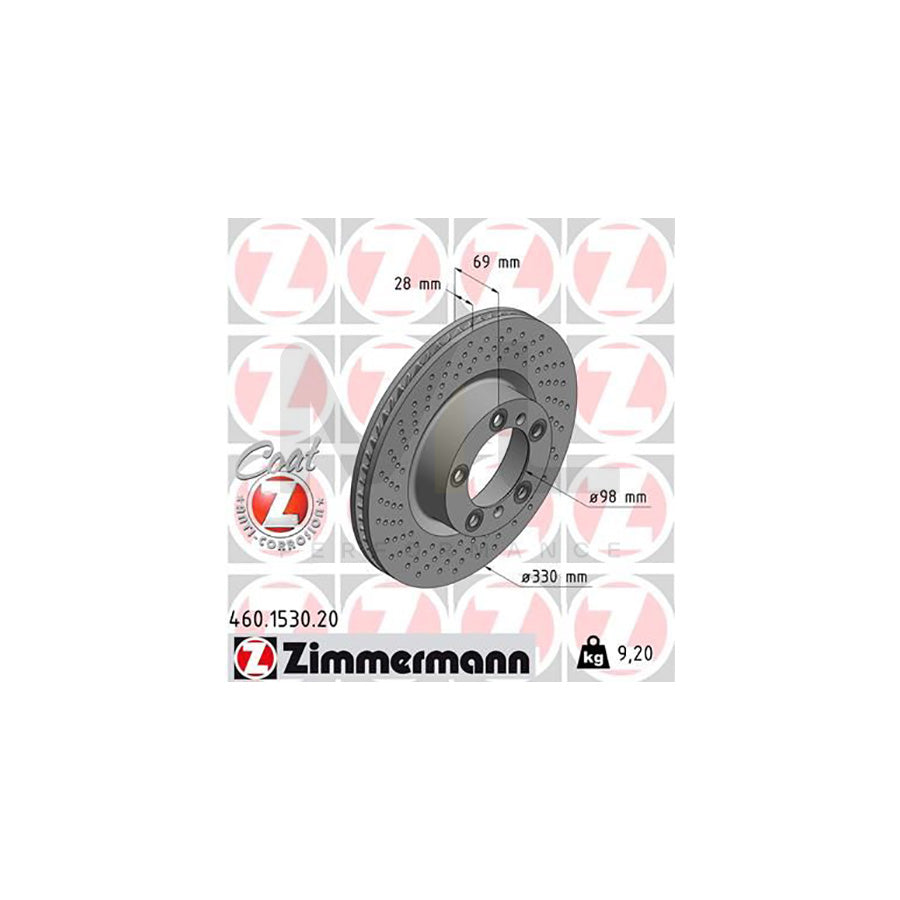 ZIMMERMANN COAT Z 460.1530.20 Brake Disc Drilled dimples, Internally Vented, Coated