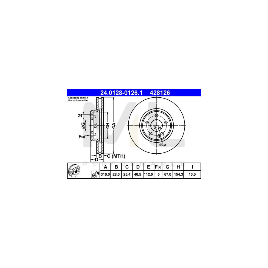 ATE 24.0128-0126.1 Brake Disc Vented, Coated, Alloyed / High-carbon  - 1 piece