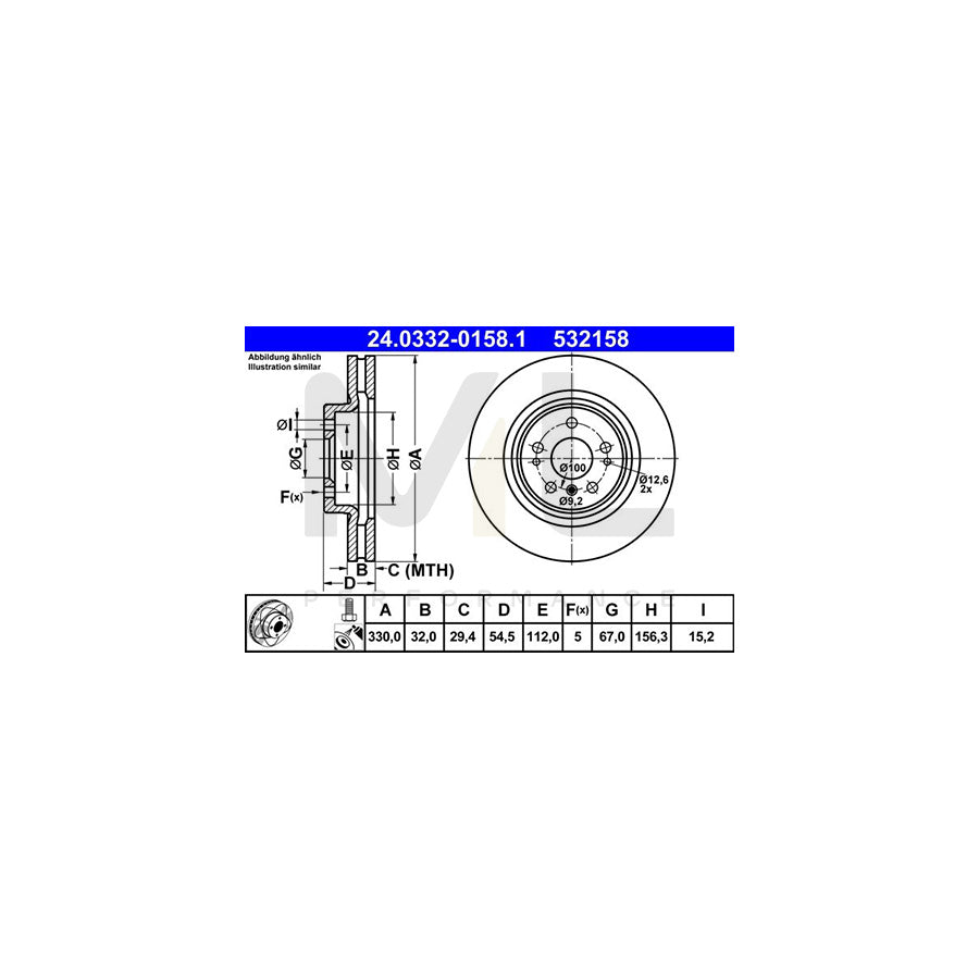 ATE PowerDisc 24.0332-0158.1 Brake Disc Vented, Coated, Alloyed / High-carbon, with bolts/screws  - 1 piece
