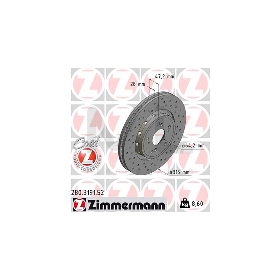 ZIMMERMANN 280.3191.52 Brake Disc for HONDA CR-V IV (RM) Externally Vented, Perforated, Coated  - 1 piece