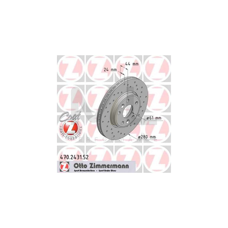 ZIMMERMANN SPORT COAT Z 470.2431.52 Brake Disc for RENAULT MEGANE Externally Vented, Perforated, Coated  - 1 piece