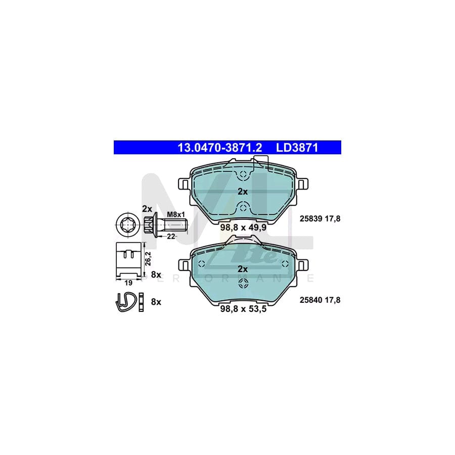ATE Ceramic 13.0470-3871.2 Brake pad set excl. wear warning contact, not prepared for wear indicator, with brake caliper screws, with accessories