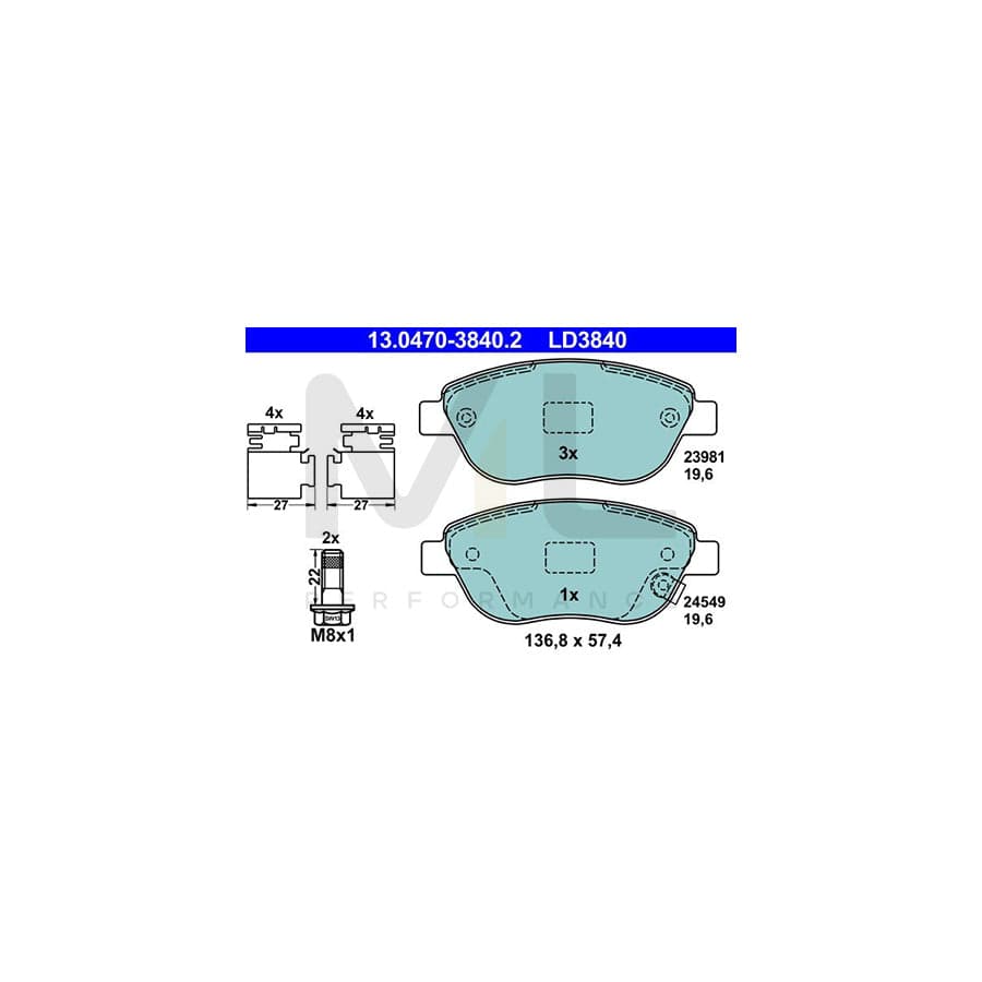 ATE Ceramic 13.0470-3840.2 Brake pad set with acoustic wear warning, with brake caliper screws, with accessories
