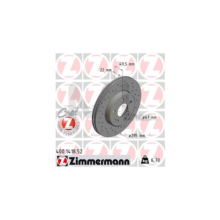 ZIMMERMANN SPORT COAT Z 400.1418.52 Brake Disc Internally Vented, Perforated, Coated  - 1 piece