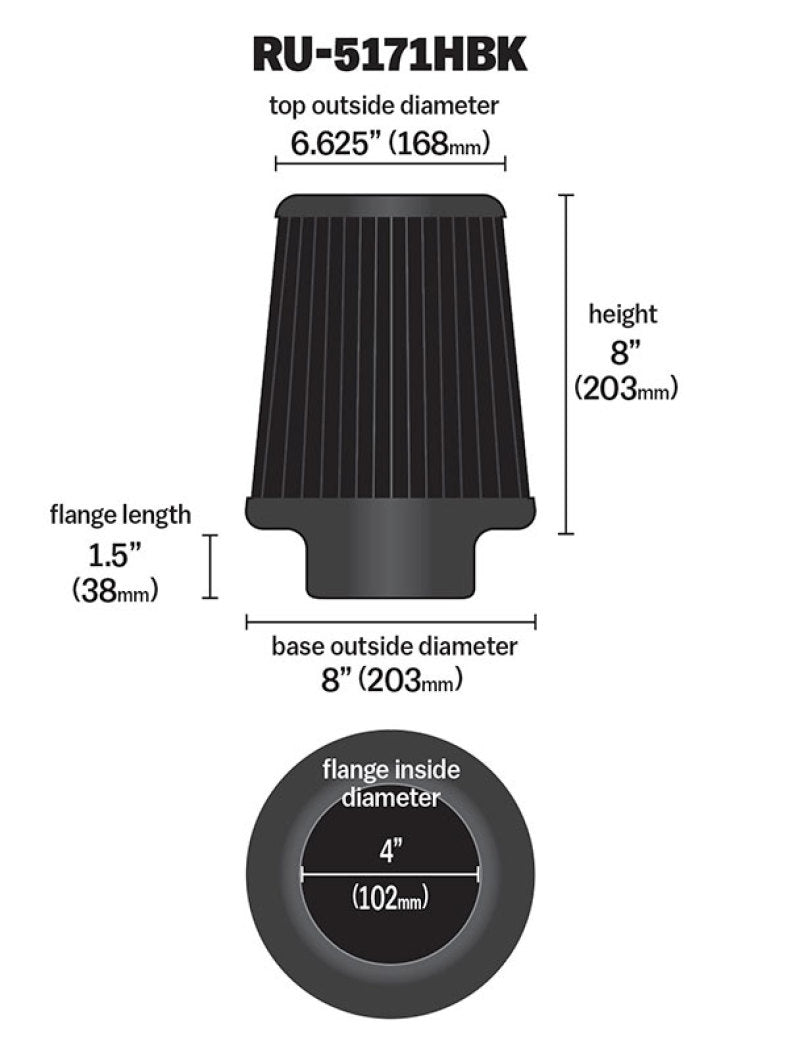 K&N Engineering K&N Universal Rubber Filter-Round Tapered 4in Flange ID x 8in Base OD x 6.625in Top OD x 8in H