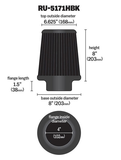 K&N Engineering K&N Universal Rubber Filter-Round Tapered 4in Flange ID x 8in Base OD x 6.625in Top OD x 8in H