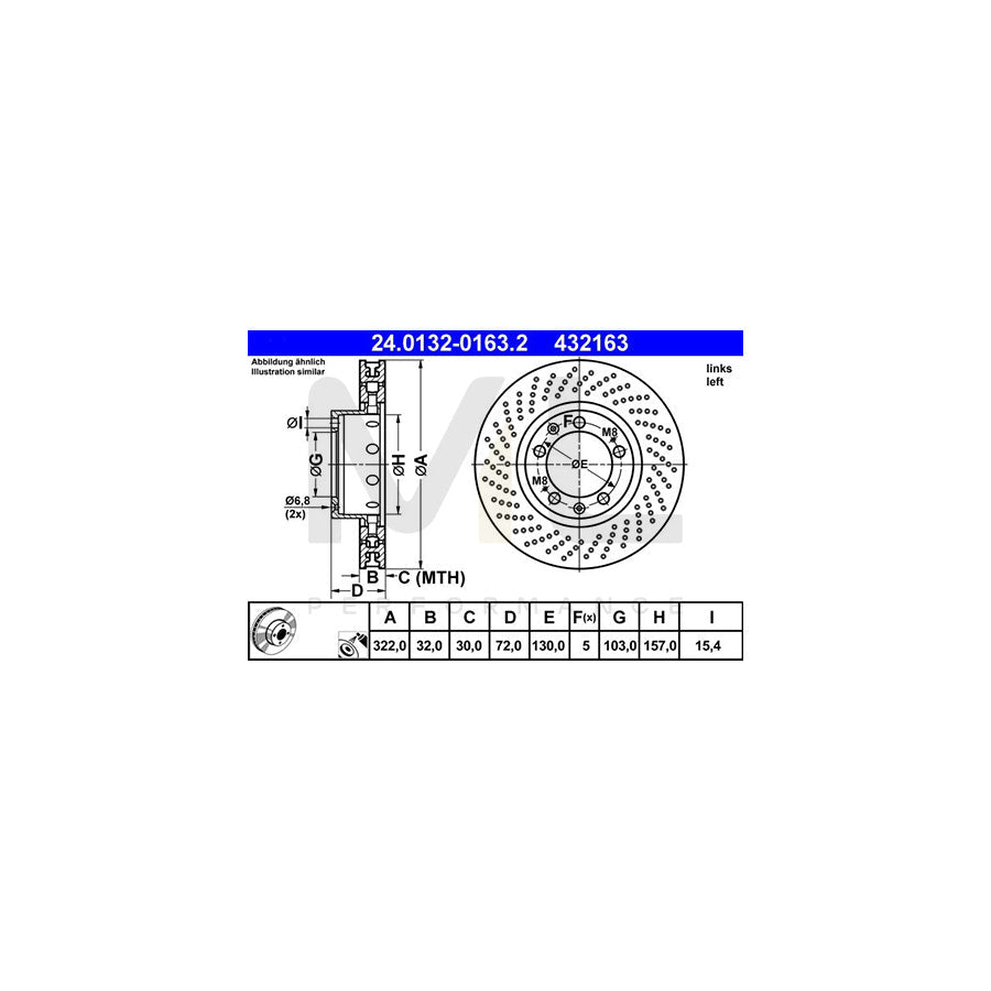 ATE 24.0132-0163.2 Brake Disc for PORSCHE 911 Coupe (993) Perforated / Vented, Two-piece brake disc, Coated, Alloyed / High-carbon