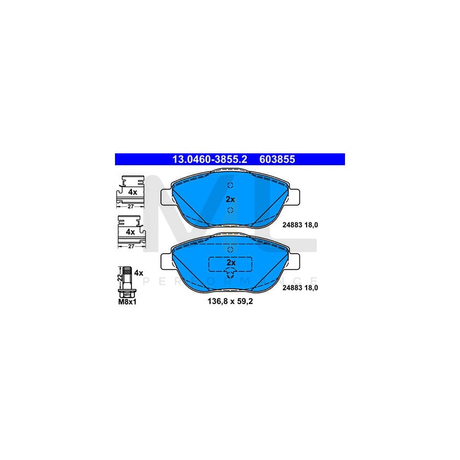 ATE 13.0460-3855.2 Brake pad set excl. wear warning contact, not prepared for wear indicator, with brake caliper screws, with accessories