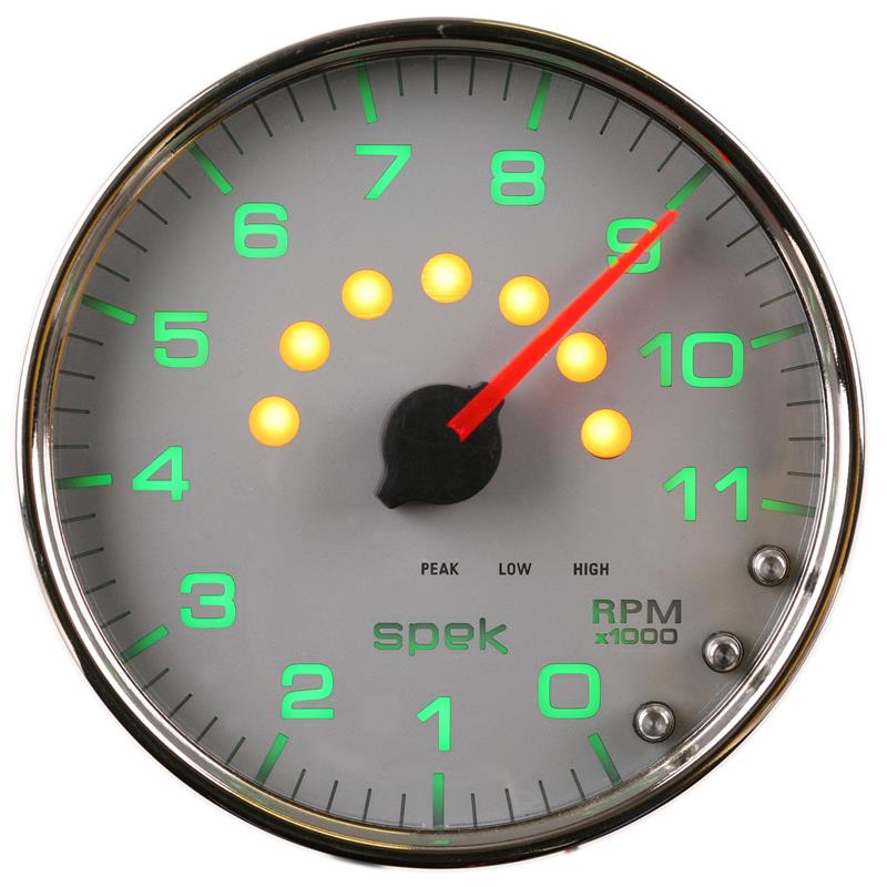 Autometer Spek-Pro Gauge Tachometer 5in 11K Rpm W/Shift Light & Peak Mem Silver/Chrome
