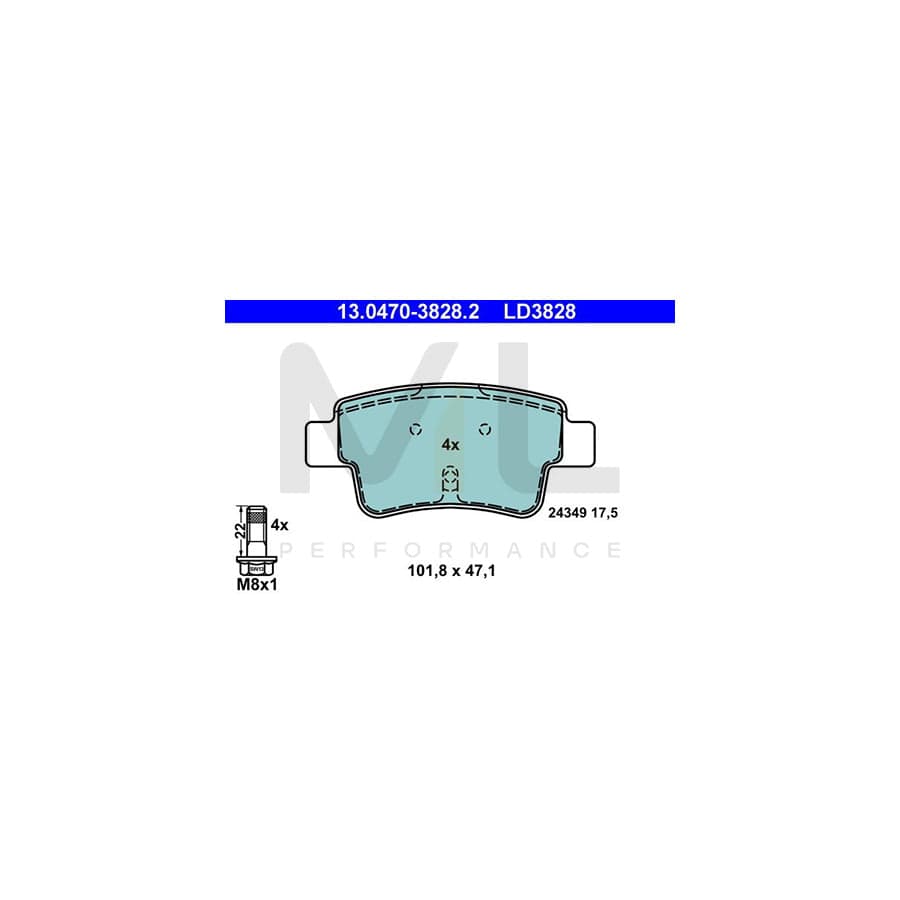 ATE Ceramic 13.0470-3828.2 Brake pad set excl. wear warning contact, not prepared for wear indicator, with brake caliper screws