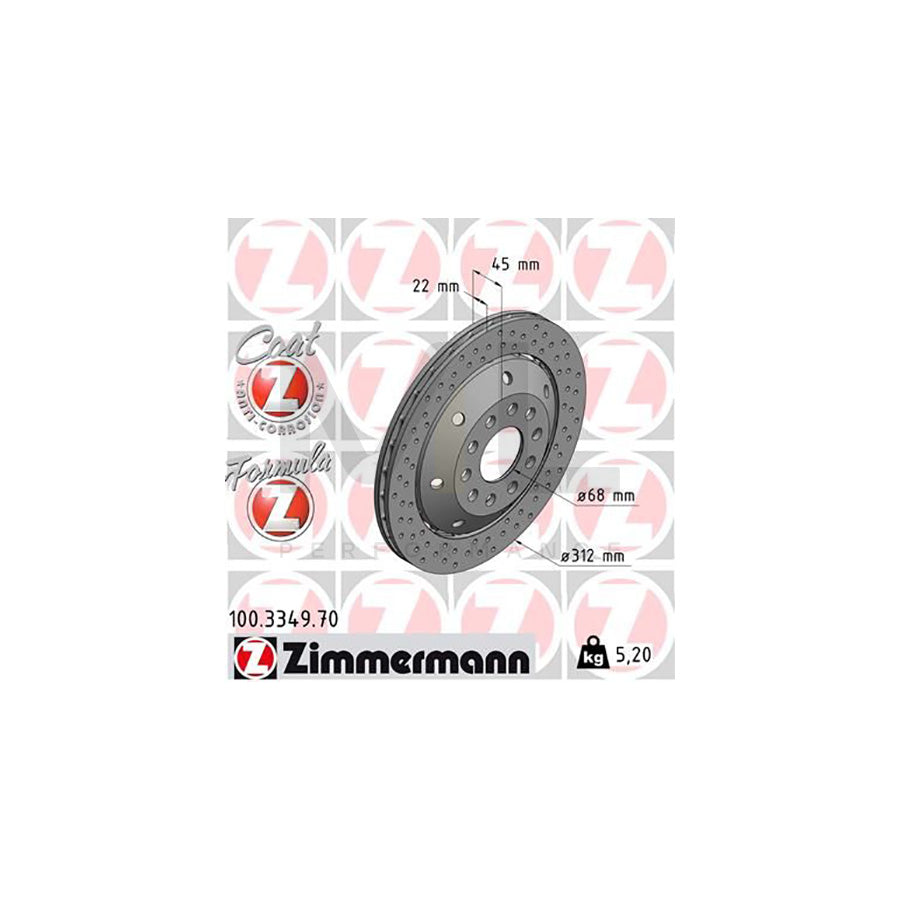ZIMMERMANN FORMULA Z COAT Z 100.3349.70 Brake Disc for AUDI A4 B5 Avant (8D5) Perforated, Two-piece brake disc, Vented, Coated, Alloyed / High-carbon