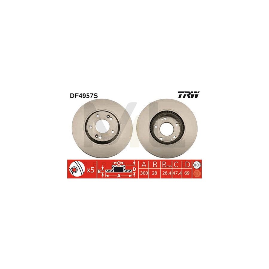 TRW DF4957S Brake Disc Vented, Painted  - 1 piece