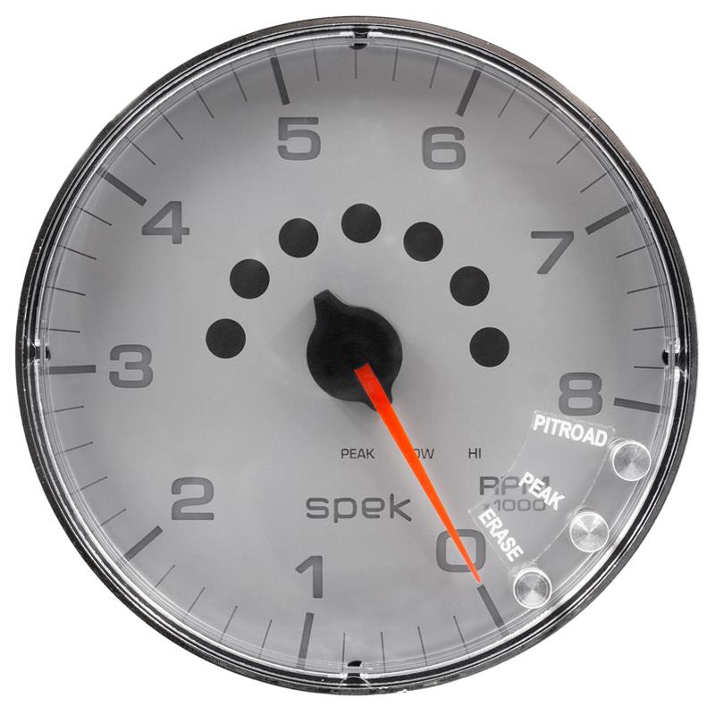 Autometer Spek-Pro Gauge Tachometer 5in 8K Rpm W/Shift Light & Peak Mem Silver/Chrome