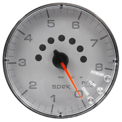 Autometer Spek-Pro Gauge Tachometer 5in 8K Rpm W/Shift Light & Peak Mem Silver/Chrome