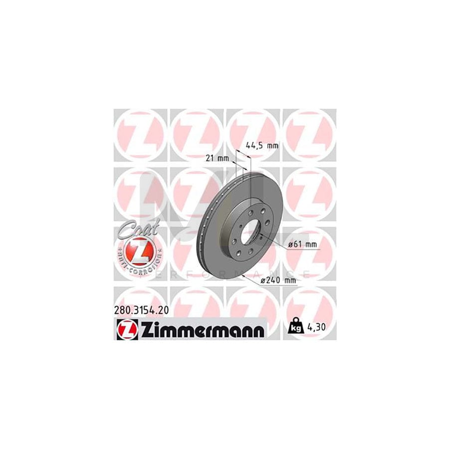 ZIMMERMANN COAT Z 280.3154.20 Brake Disc for HONDA CIVIC Internally Vented, Coated  - 1 piece