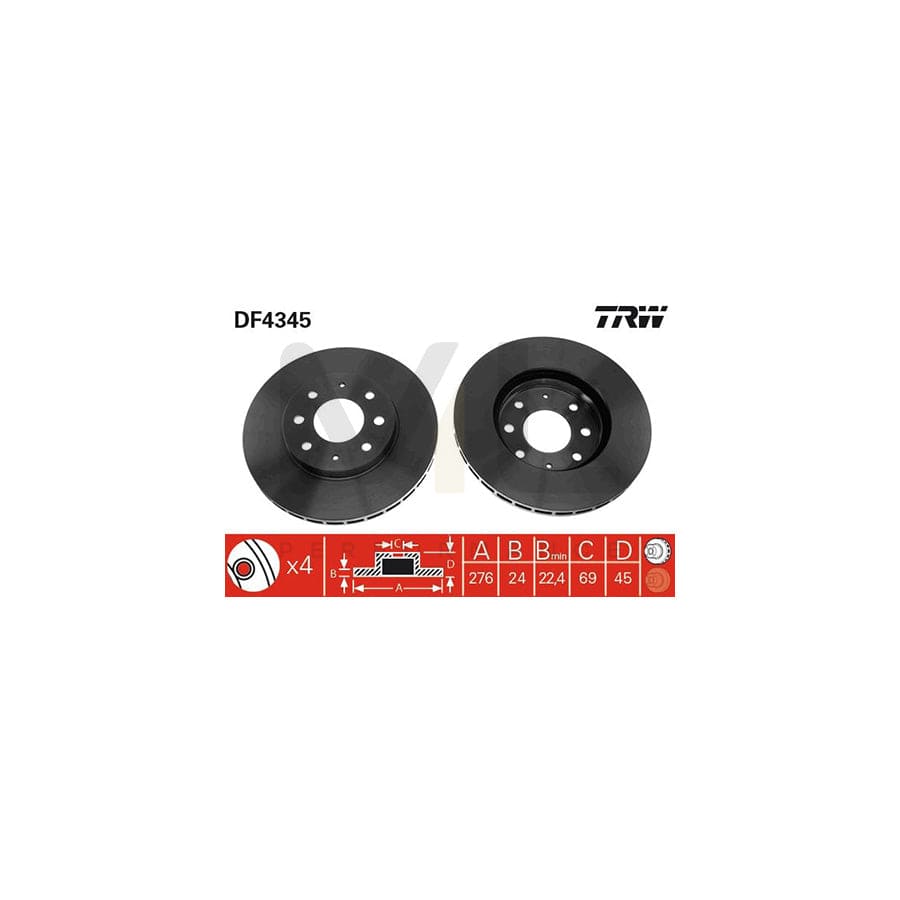 TRW DF4345 Brake Disc Vented, Painted  - 1 piece