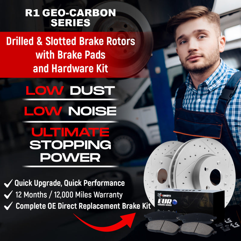 R1 Concepts R1 11-16 Mini Cooper Countryman Front & Rear Drill/Slot Carbon Coated Rotor Set w/Euro Ceramic Pads