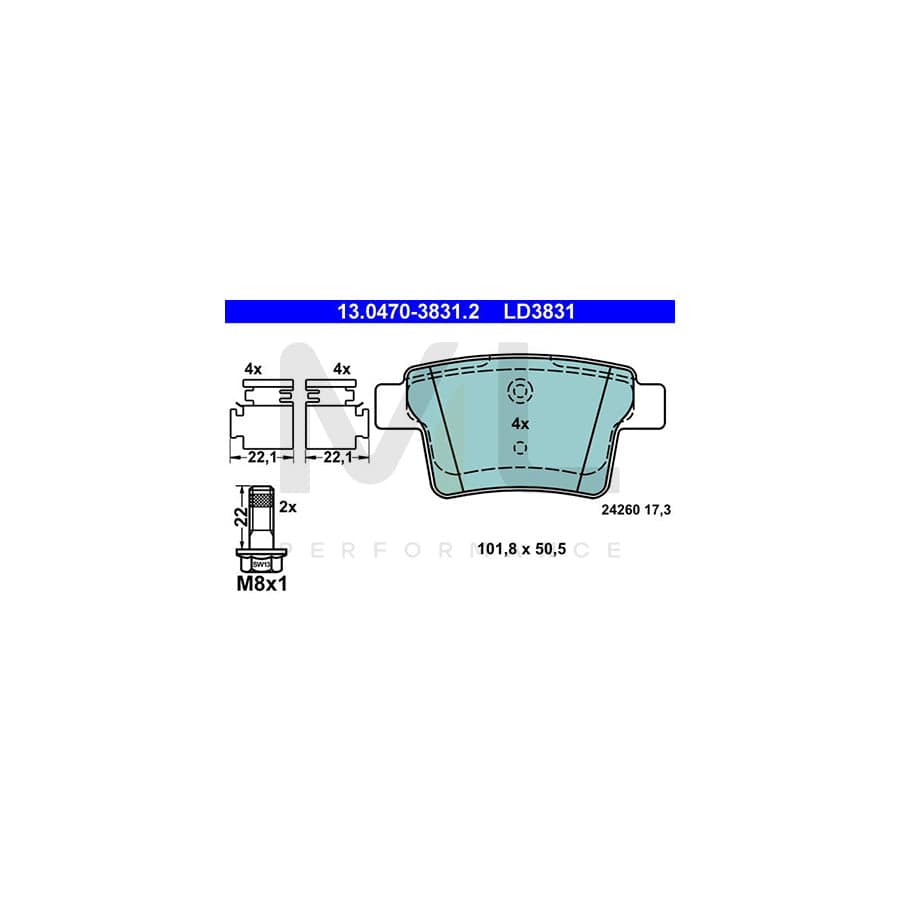 ATE Ceramic 13.0470-3831.2 Brake pad set excl. wear warning contact, not prepared for wear indicator, with brake caliper screws, with accessories