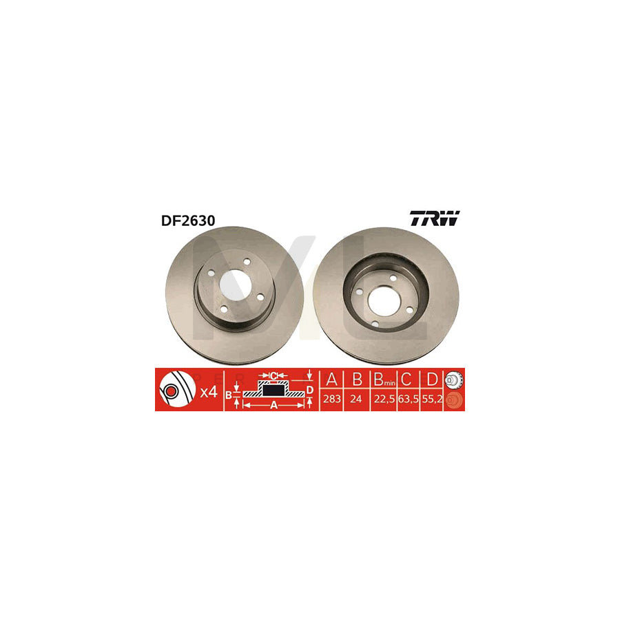 TRW DF2630 Brake Disc for FORD SIERRA Vented  - 1 piece