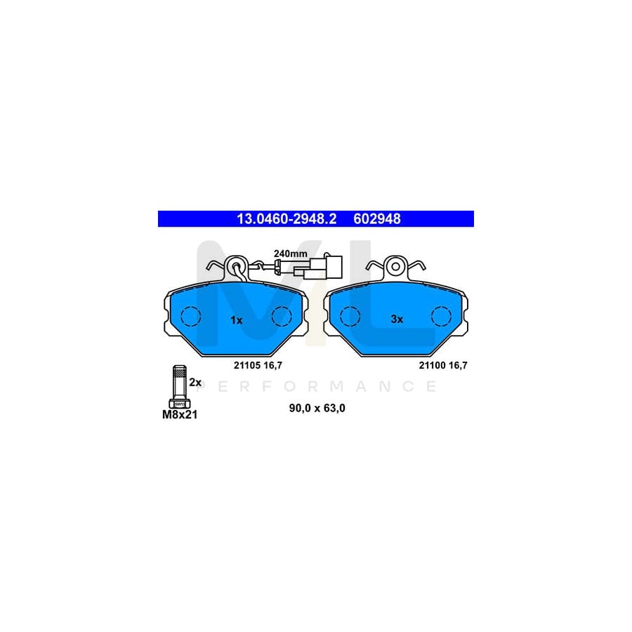 ATE 13.0460-2948.2 Brake pad set incl. wear warning contact, with brake caliper screws