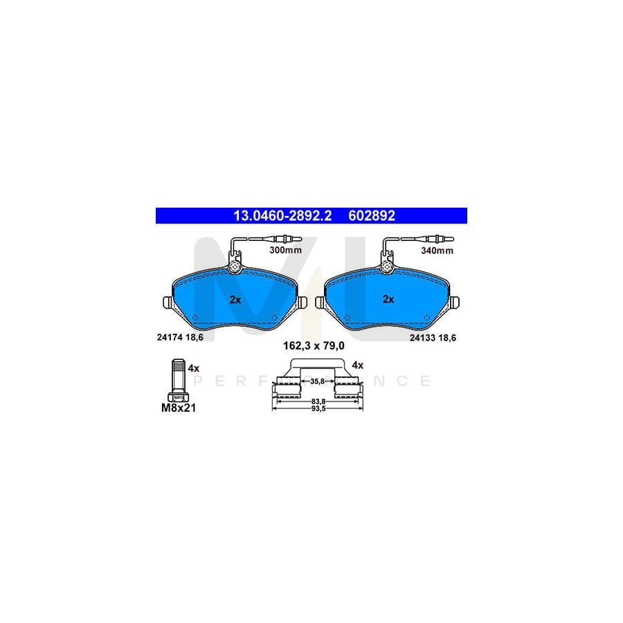 ATE 13.0460-2892.2 Brake pad set incl. wear warning contact, with brake caliper screws, with accessories