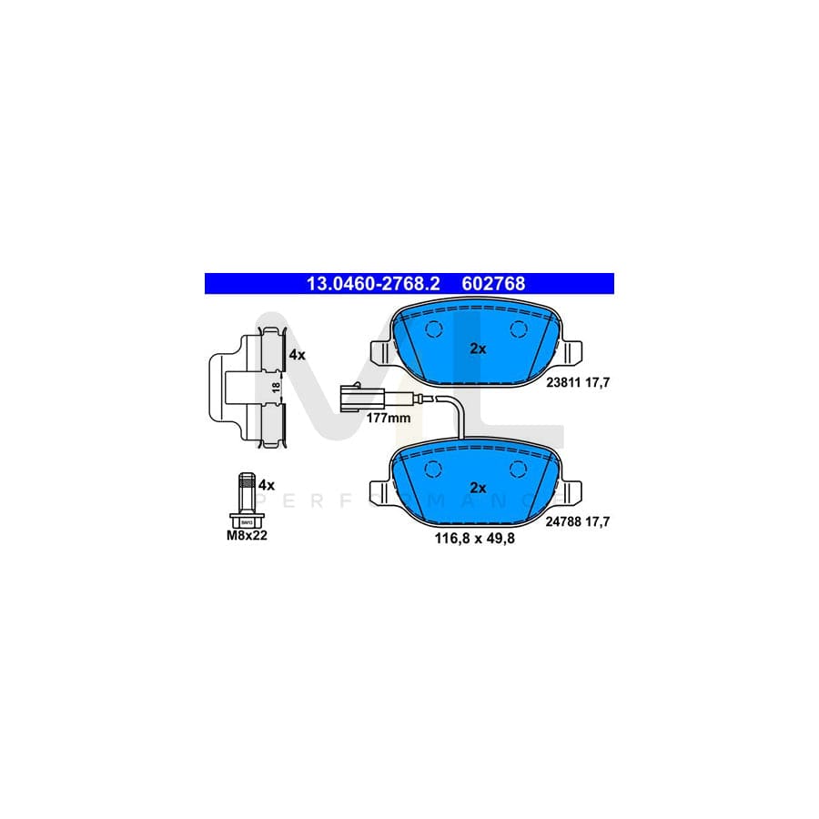 ATE 13.0460-2768.2 Brake pad set for ALFA ROMEO GIULIETTA with integrated wear warning contact, with brake caliper screws