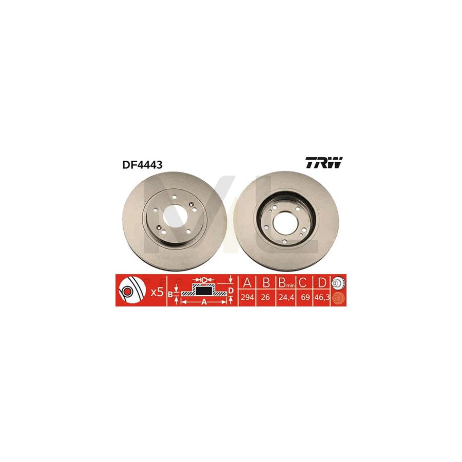 TRW DF4443 Brake Disc Vented, Painted, High-carbon  - 1 piece
