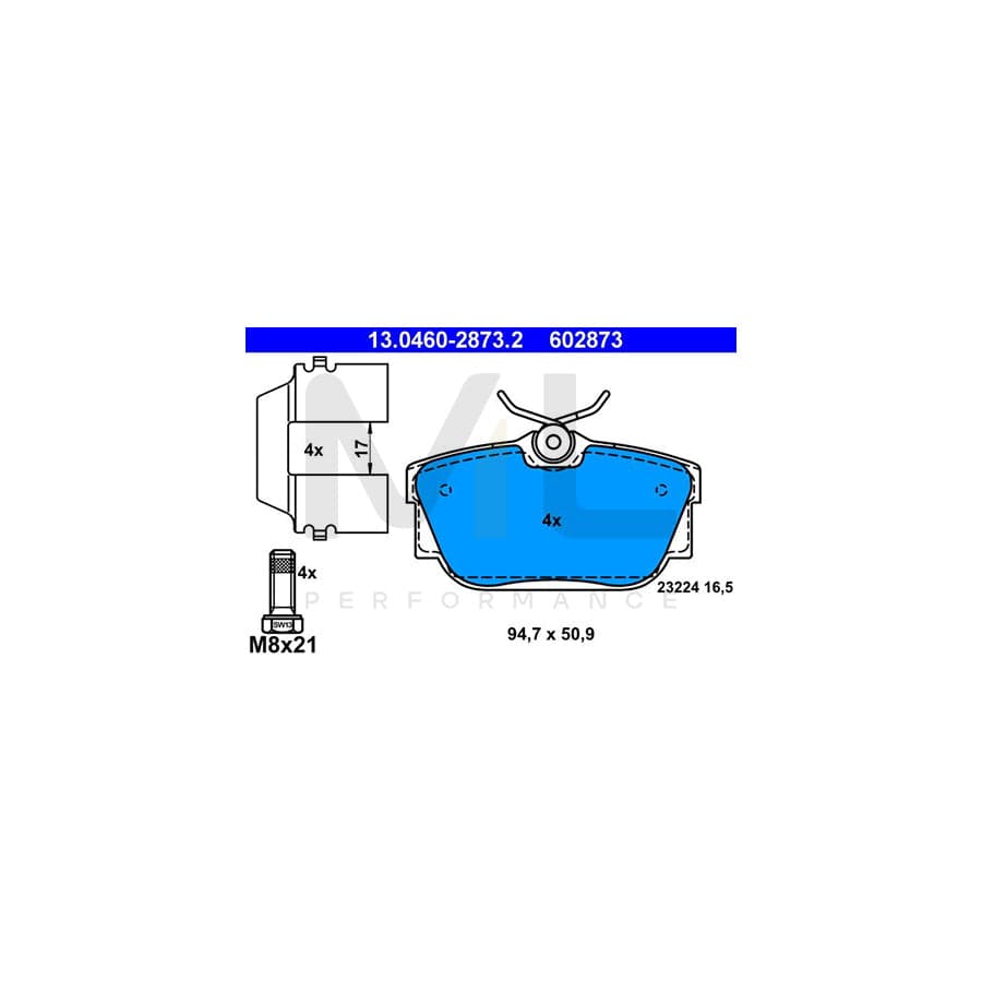 ATE 13.0460-2873.2 Brake pad set for VW TRANSPORTER excl. wear warning contact, with brake caliper screws, with accessories