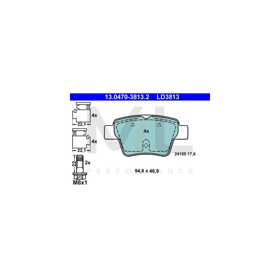 ATE Ceramic 13.0470-3813.2 Brake pad set excl. wear warning contact, not prepared for wear indicator, with brake caliper screws, with accessories