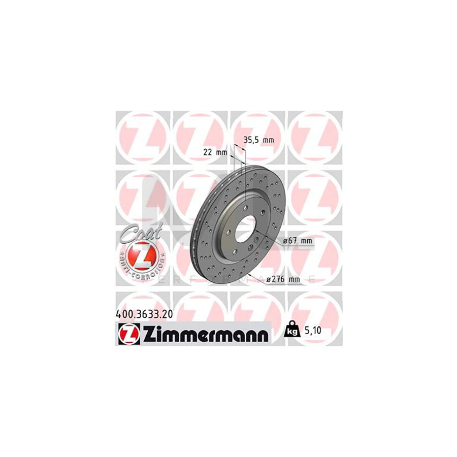 ZIMMERMANN COAT Z 400.3633.20 Brake Disc suitable for MERCEDES-BENZ A-Class (W168) Internally Vented, Perforated, Coated, High-carbon  - 1 piece