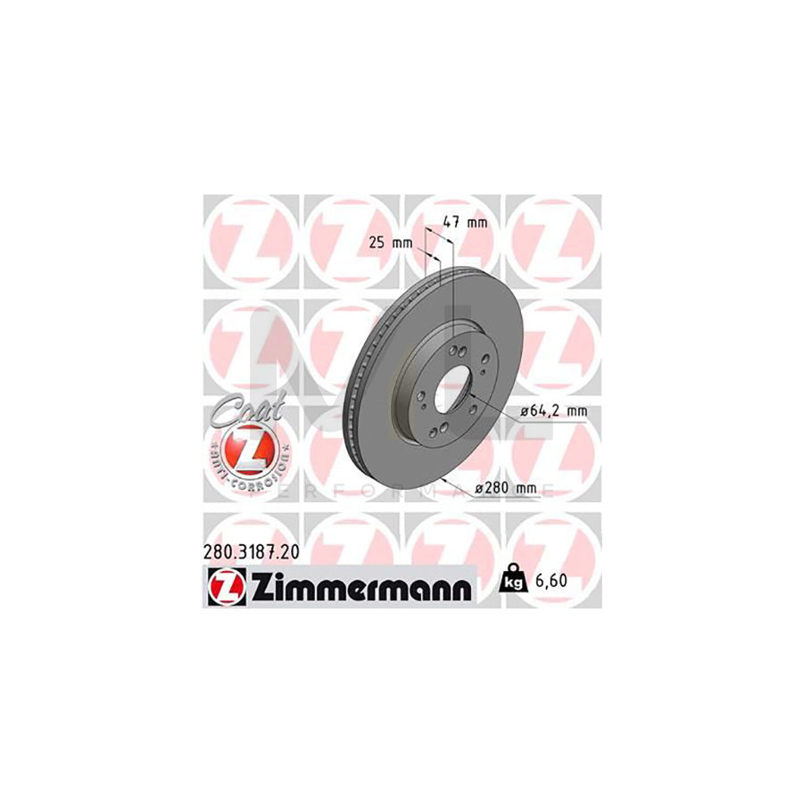 ZIMMERMANN COAT Z 280.3187.20 Brake Disc for HONDA CIVIC Internally Vented, Coated  - 1 piece