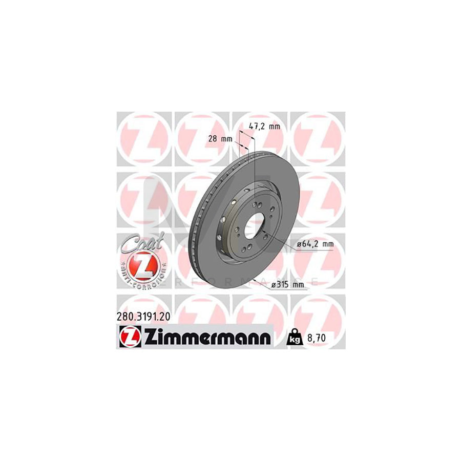 ZIMMERMANN 280.3191.20 Brake Disc for HONDA CR-V IV (RM) Externally Vented, Coated  - 1 piece