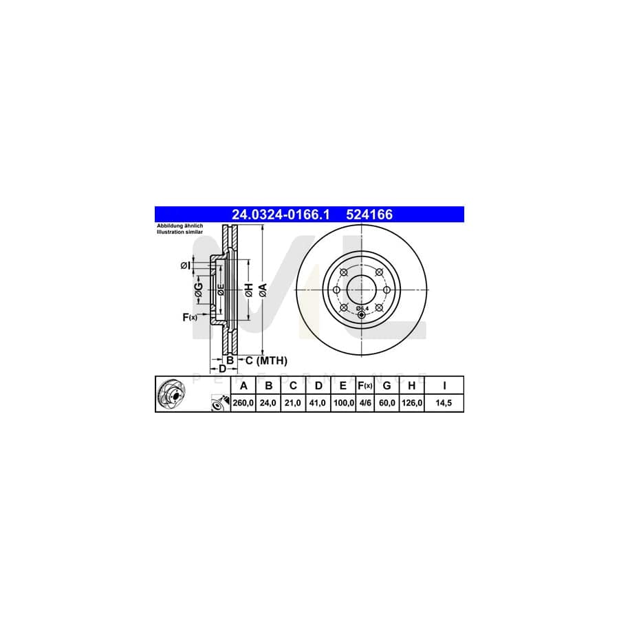ATE PowerDisc 24.0324-0166.1 Brake Disc Vented, Coated, Alloyed / High-carbon  - 1 piece