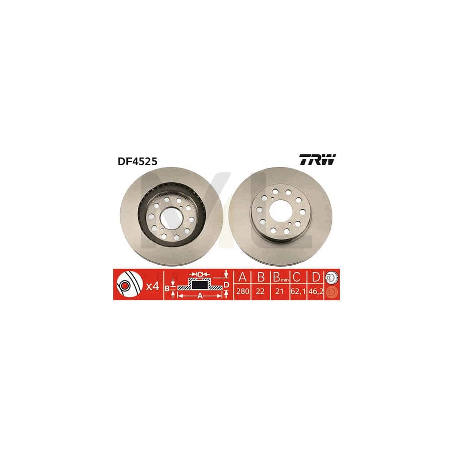 TRW DF4525 Brake Disc for TOYOTA MR2 II Coupe (W20) Vented, Painted  - 1 piece