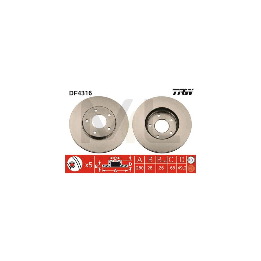 TRW DF4316 Brake Disc Vented, Painted  - 1 piece