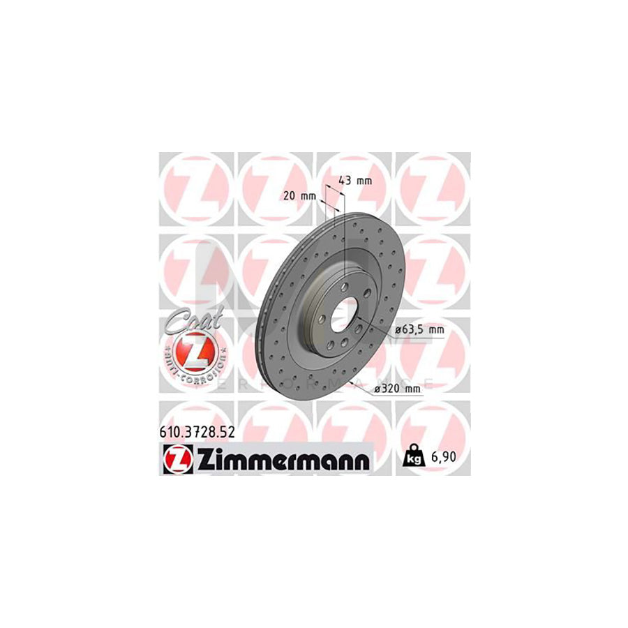 ZIMMERMANN SPORT COAT Z 610.3728.52 Brake Disc Internally Vented, Perforated, Coated  - 1 piece