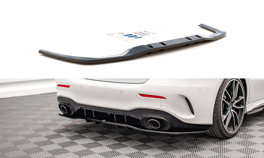 Maxton Design ME-A-177-35-S-RD1T+RD2T Central Rear Splitter (With Vertical Bars) V.1 Mercedes Benz A35 AMG V177 Sedan | ML Performance UK Car Parts