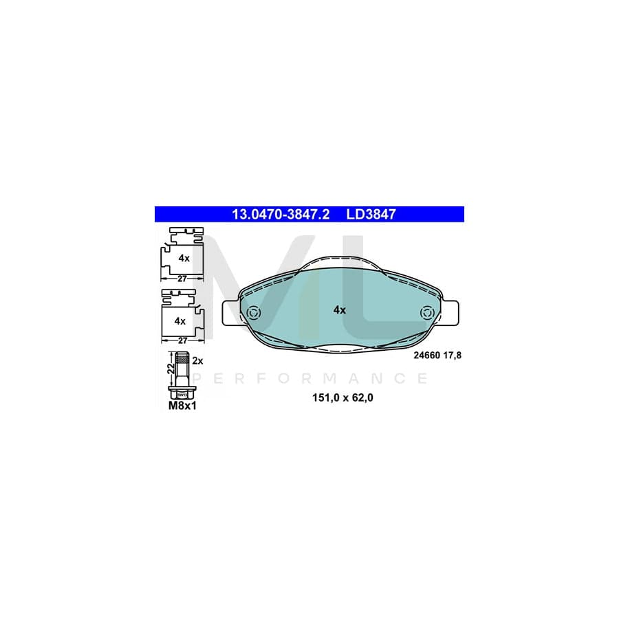 ATE Ceramic 13.0470-3847.2 Brake pad set excl. wear warning contact, not prepared for wear indicator, with brake caliper screws, with accessories