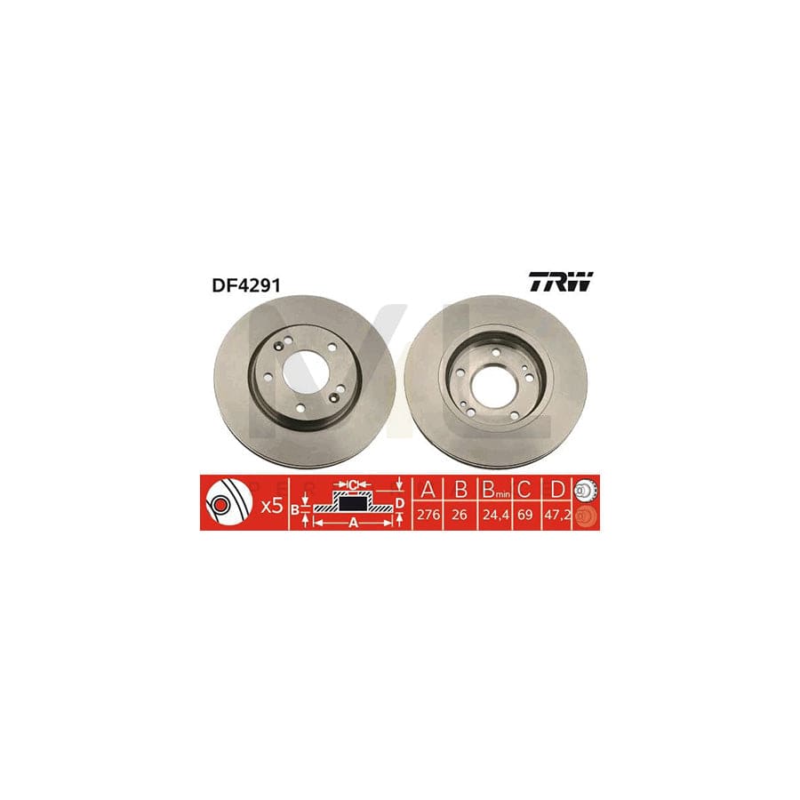 TRW DF4291 Brake Disc Vented, Painted  - 1 piece