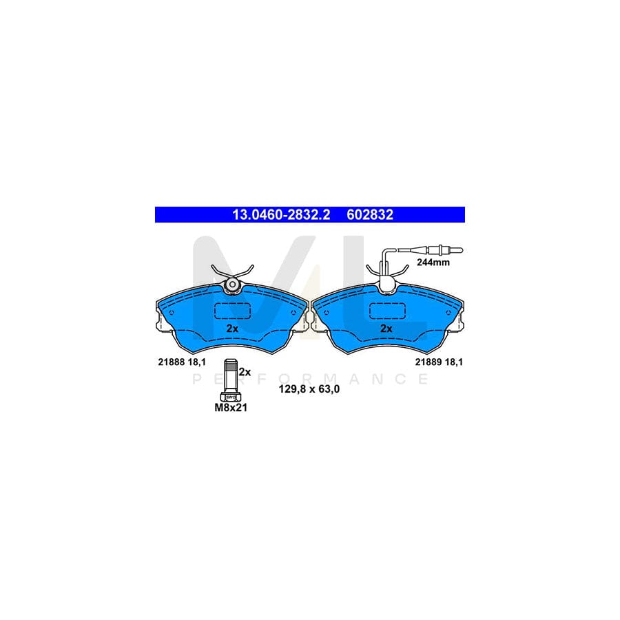 ATE 13.0460-2832.2 Brake pad set for RENAULT Espace III (JE) incl. wear warning contact, with brake caliper screws