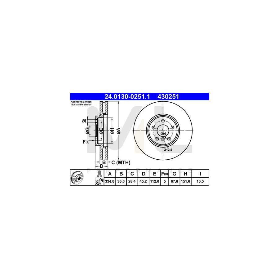ATE 24.0130-0251.1 Brake Disc Vented, Coated, High-carbon, with bolts/screws  - 1 piece