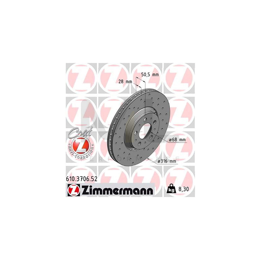 ZIMMERMANN SPORT COAT Z 610.3706.52 Brake Disc Externally Vented, Perforated, Coated  - 1 piece